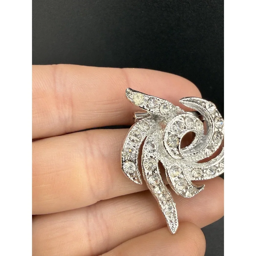 Vintage Rhinestone Brooch Pin Lot 3 Maple Leaf Swirl Dome Silver Tone